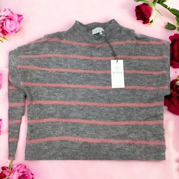 WAYF Nordstrom Women’s Small Sweater Gray Pink Striped Mock Neck Tie Waist NWT - Picture 1 of 11